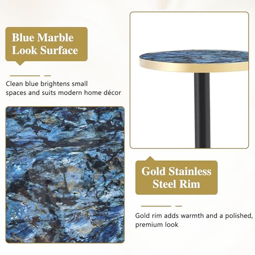 TesNus 23.6" Small Round Dining Table for 2, Circle Tulip Table, Faux Marble Top with Gold Metal Pedestal Base, Modern Leisure Coffee Table for Small Spaces, Cafe, Office, Blue&Gold - color: Blue Top&black Leg&gold Base