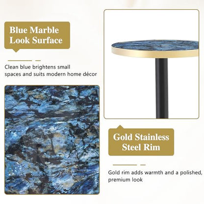 TesNus 23.6" Small Round Dining Table for 2, Circle Tulip Table, Faux Marble Top with Gold Metal Pedestal Base, Modern Leisure Coffee Table for Small Spaces, Cafe, Office, Blue&Gold - color: Blue Top&black Leg&gold Base