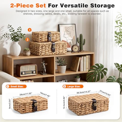Water Hyacinth Wicker Storage Baskets with Magnetic Lids, Set of 2 | 2-Piece handwoven water hyacinth boxes with magnetic lids and metal frames for shelves, coffee tables, and consoles