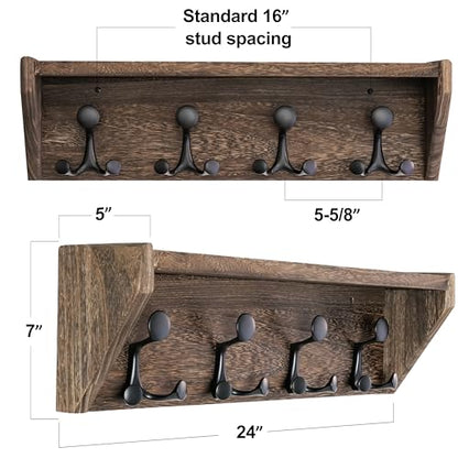 SKOLOO Wall Shelf with Hooks, 24-Inch, Weathered Brown | Coat Rack Wall Mount with Shelf, Heavy Duty, 4 Tri Hooks, Perfect for Entryway, Hallway, Living Room, Bedroom, Mudroom - color: Weathered Brown, size: 24 inch with 4 hooks