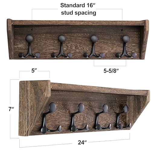 SKOLOO Wall Shelf with Hooks, 24-Inch, Weathered Brown | Coat Rack Wall Mount with Shelf, Heavy Duty, 4 Tri Hooks, Perfect for Entryway, Hallway, Living Room, Bedroom, Mudroom - color: Weathered Brown, size: 24 inch with 4 hooks