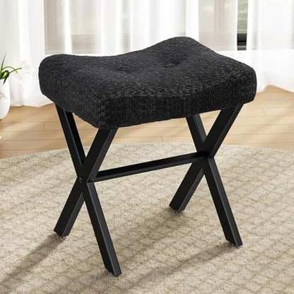 18-Inch Vanity Stool Chair, Black Makeup Stool | Teddy Flannel Vanity Bench, Metal X-Leg, 300 LBS, 16.3"x12.4"x18", Ottoman Accent Stool, Breathable Soft Saddle Seat - size: Small, style: Black Fabric