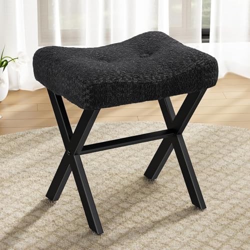 18-Inch Vanity Stool Chair, Black Makeup Stool | Teddy Flannel Vanity Bench, Metal X-Leg, 300 LBS, 16.3"x12.4"x18", Ottoman Accent Stool, Breathable Soft Saddle Seat - size: Small, style: Black Fabric