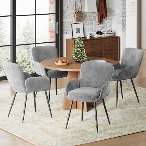 VKNOW Modern Upholstered Dining Chairs Set of 4 with Armrest, Grey | Armed Dining Room Chairs with Metal Legs, Kitchen Chairs for Restaurant Kitchen Living Room - color: Grey, size: Set of 4