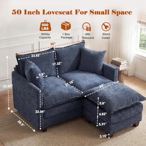 50'' Loveseat Sofa Set with Ottoman, Small Couch Set 2 Piece Cloud Love Seat 27" Deep Seat Washable Pillows Couches for Small Spaces Apartment Living Room, Blue - color: Blue, size: 50"+50"L