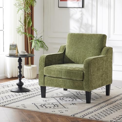 VINGLI Chair Olive Green Upholstered Chenille Accent Chair for Living Room, Bedroom, Mid-Century Modern Arm Chair Comfy Reading Chair with Scooped Arms - color: Olive Green