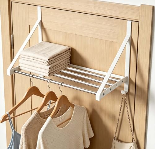 Adjustable Over the Door Clothes Hanger 12-23", 4 Stainless Steel Rod | Over Door Drying Rack with 2 Hooks, Clothes Hanger Drying Rack Fits Door Up to 1.85", White
