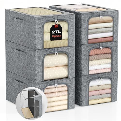 GoMaihe Baby Clothes Storage Bins with Metal Frame 27L 6-Pack Grey | Kids Toddler Child Clothing & Towels Small Items, Closet Top Shelf Boxes, Collapse-Proof Stackable, Clear Window Dual Access - color: Gray, size: 27L