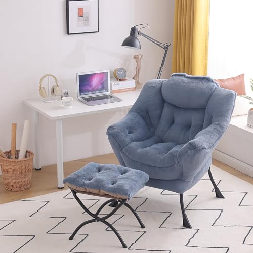 Lazy Chair with Ottoman, Comfy Reading Accent Chair, Plush Light Blue | Foldable Footrest, Padded Seat and Backrest, Side Pocket for Lounging in Living Rooms, Bedrooms, Dorms and Small Spaces - color: Plush-light Blue
