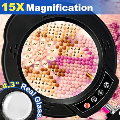 15X Magnifying Glass with Light and Stand, 2-in-1 Lighted Magnifying Desk Lamp Dimmable Magnifier Lamp with Light and Clamp Long Arm 84PCS LED Beads Real Glass Lens for Work Close Work Hobby - size: Stand & Clamp