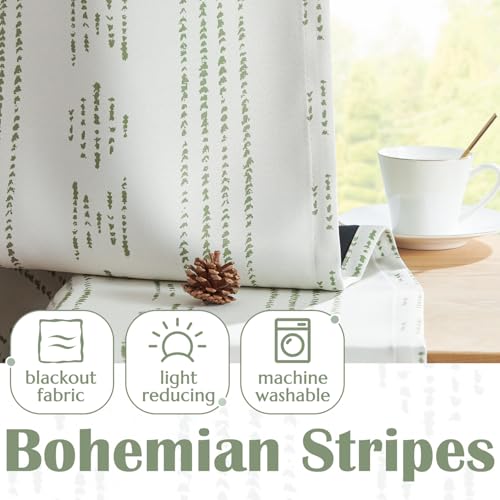jinchan Boho Blackout Kitchen Tier Curtains, 24 Inch, Green on Beige | Green geometric print on warm beige, soft blackout backing, 2 panels, rod pocket, for kitchens, bedrooms, RVs and campers - color: Blackout Backing | Green on Beige, size: 25"W x 24"L
