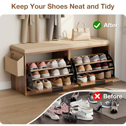 HOMMPA Shoe Storage Bench, Entryway Bench with Shoe Storage & 2 Flip Drawer & Seat Cushion, Rattan Hidden Shoe Rack Bench, Wooden Entry Way Shoe Cabinet for Hallway, Bedroom, Mudroom