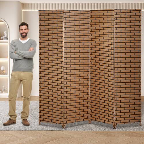 Room Divider Folding Screen Wooden Partition, 6 ft. Tall Weave Fiber Extra Wide Foldable Panels Wall Divider Double Hinged Privacy Indoor Divider for Home Office Dorm Decor (Brick, 4 Panels) - color: Brick, size: 4 panels