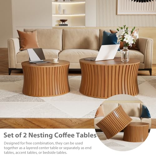 Modern Round Coffee Table Set of 2 Nesting Wood Fluted End Table Set | Drum Side Table, Circle Accent Tables, For Living Room Bedroom Balcony Office, Small Space - color: Natrual