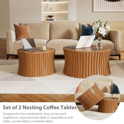 Modern Round Coffee Table Set of 2 Nesting Wood Fluted End Table Set | Drum Side Table, Circle Accent Tables, For Living Room Bedroom Balcony Office, Small Space - color: Natrual