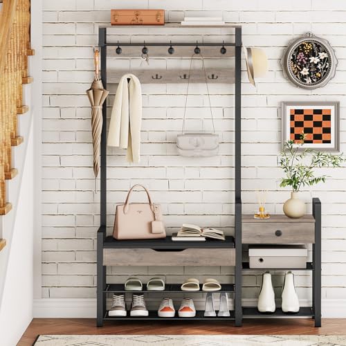 HOOBRO Hall Tree with Bench, Shoe and Coat Rack for Entryway, Coat Rack with Bench, Flip Top Storage Box, PU Cushioned Seat, Non-Woven Fabric Drawer, for Entrance, Greige and Black BG110MT01 - color: Greige + Black