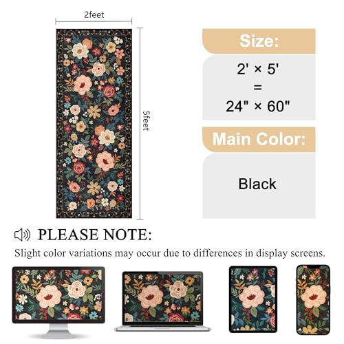 DUKINO 2x5 Runner Rug, Floral Washable Rug for Kitchen Non Slip, Black | Low Pile, Soft, Stain Resistant Indoor Rug Runner for Entryway, Hallway, Bedroom, Bathroom, Laundry, Pet Friendly, Home Decor - color: Black, size: 2' x 5' (Rectangular)