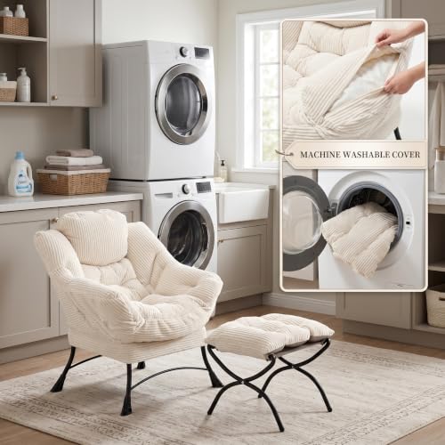 Lazy Chair with Ottoman, Modern Skinny Lounge Chair with Footrest | Foldable Footrest, Padded & Backrest with Side Pocket, Comfy Accent Reading Chair for Living Room & Small Spaces, White - color: White