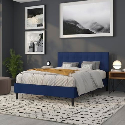 Quilted Tufted Upholstered Queen Size Headboard in Navy Fabric - color: Navy, size: Queen