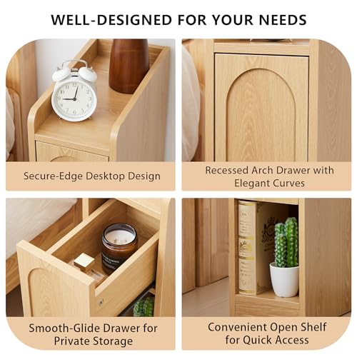 Narrow Nightstands Set of 2, Slim Bedside Tables with Raised Edge Top, Arched Drawer & Open Shelf, Modern Wooden Small End Tables for Bedroom Small Spaces (2, Natural) - color: Natural-arched Drawer, size: 2-Pack