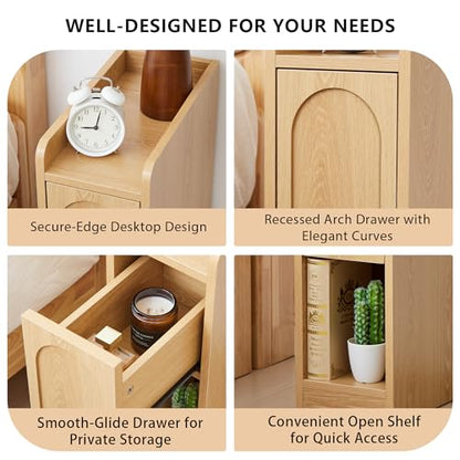 Narrow Nightstands Set of 2, Slim Bedside Tables with Raised Edge Top, Arched Drawer & Open Shelf, Modern Wooden Small End Tables for Bedroom Small Spaces (2, Natural) - color: Natural-arched Drawer, size: 2-Pack