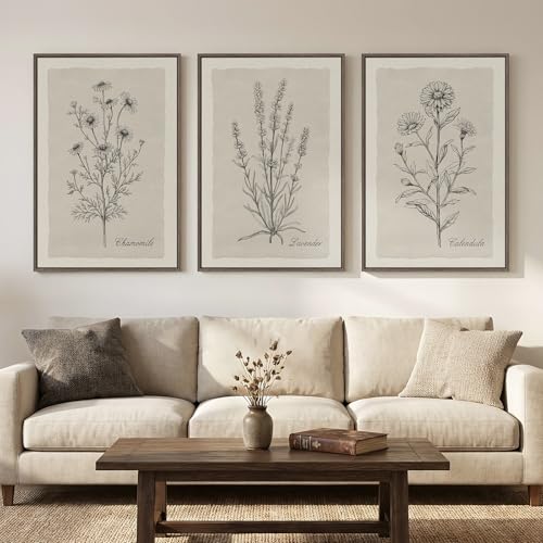 Framed Farmhouse Botanical Canvas Wall Art for Living Room, 3 Piece Large Vintage Neutral Floral Line Artwork for Walls, Minimalist Rustic Sketch Art Prints Paintings for Bedroom Kitchen, 24x36 Inch - color: grey and black, size: 24W" x 36H"x3Pcs