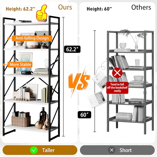 Shintenchi 5 Tiers Bookshelf, Classically Tall Bookcase Shelf,Industrial Book Rack,Modern Book Holder in Bedroom/Living Room/Office, Storage Rack Shelves for Books/Movies,11.8" Dx23.6 Wx62.2 H,White - color: White