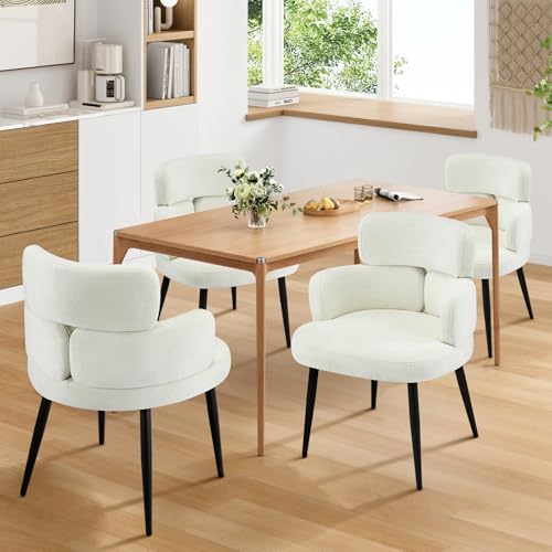 Accent Dining Chair with Arms,Set of 4 Modern Upholstered Side Chair with Soft Fabric Black Metal Legs, Comfy Spacious Seat & Back for Dining Room/Living Room/Bedroom, Beige - color: Beige, size: Set of 4