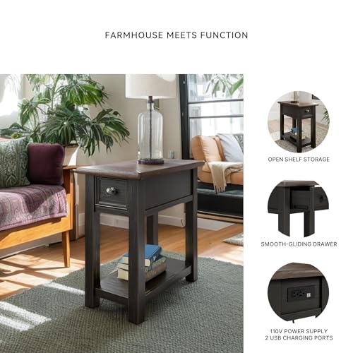 Signature Design by Ashley Narrow Chairside End Table with Charging Station | Smooth-gliding remote drawer, Lower display shelf, Rustic 2-tone finish, Tyler Creek Series - color: Black