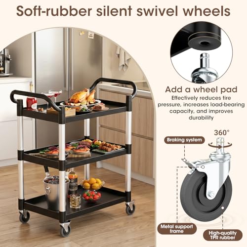 Plastic Utility Carts with Wheels, 3-Tier Rolling Cart with 4 Lockable Wheels, Heavy Duty 600 LBS Capacity Food Service Cart (Does Not Contain Recycled Plastic),16.8" D x 31.5" W x 37.8" H - size: Medium