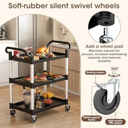 Plastic Utility Carts with Wheels, 3-Tier Rolling Cart with 4 Lockable Wheels, Heavy Duty 600 LBS Capacity Food Service Cart (Does Not Contain Recycled Plastic),16.8" D x 31.5" W x 37.8" H - size: Medium
