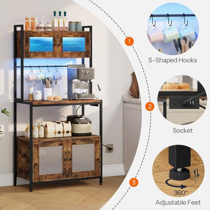 HOOBRO Bakers Rack with Storage Cabinet, 5-Tier Coffee Bar with Power Outlet and LED Lights, Industrial Microwave Oven Stand with Shelves, Kitchen Storage Shelf, Rustic Brown and Black BF13UDHB01 - color: Rustic Brown + Black
