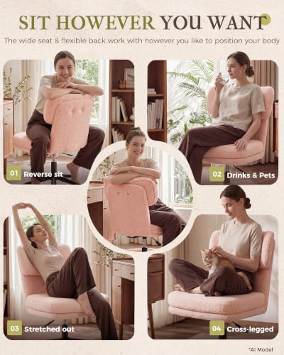 COMHOMA Vanity Chair with Ergonomic Curved Backrest, Home Office Desk Chair with Silent Wheel, Wide Seating Computer Chair for Girls Women Bedroom, Soft Teddy Fabric, Pink - color: Pink, Teddy Fleece