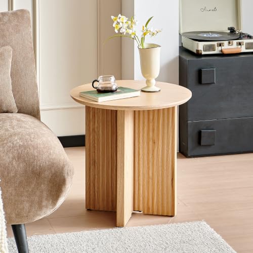Round Fluted End Table, 19" Side Table, Modern Bedside Table, Mid-Century Modern Nightstand,Easy Assembly, for Small Spaces, Living Room, Bedroom, Oak - color: Oak, size: 19" Cross-leg Table