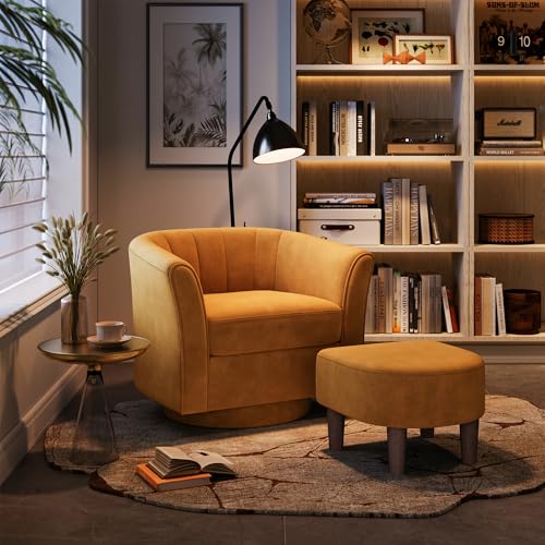 LINSY Large Swivel Accent Chair with Ottoman, Velvet Barrel Chair with Footrest, Modern Upholstered Comfy Reading Chair Armchair for Living Room, Bedroom, Study Room, Office, Yellow - color: Yellow, size: Large