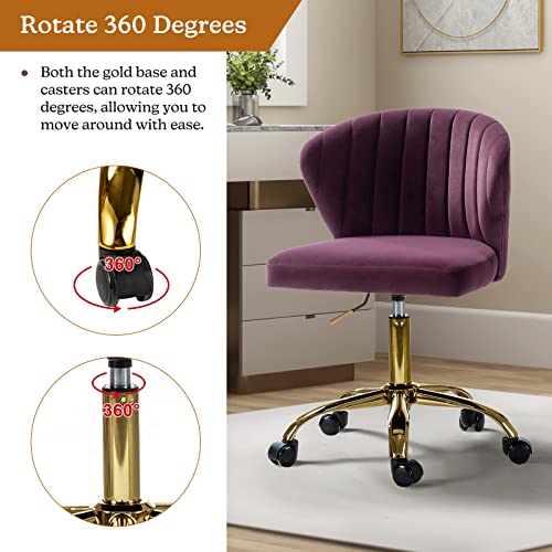 TINA'S HOME Office Desk Chairs with Wheels & Gold Base, Modern Velvet Cute Armless Office Chair, Adjustable Low Back Swivel Rolling Chair, Upholstered Task Chair for Living Room Vanity Study-Purple | Modern Velvet Cute Armless Office Chair, Adjustable Low