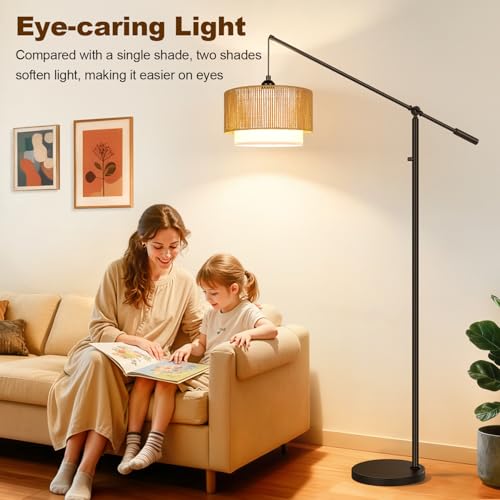【Upgraded】Boho Dimmable Floor Lamps with Adjustable Swing Arm, 1100 Lumens Bulb Included, Modern Standing Lamp with Rattan & Fabric Shades, Farmhouse Tall Arc Floor Lamp for Living Room Bedroom, Black - color: Bohemian-Matte Black