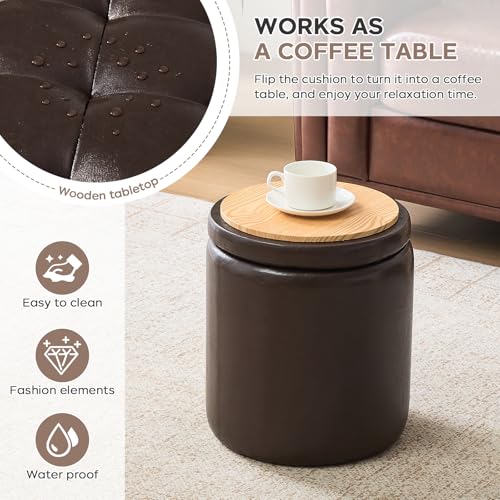 oakvivo Round Set of 2 14.76" L x 14.76" W x 17.32" H Faux Leather Ottoman with Storage, Small Foot Rest Storage Ottomen with Lid Living Room, Bedroom Vanity Stool Chair, Coffee - color: Coffee