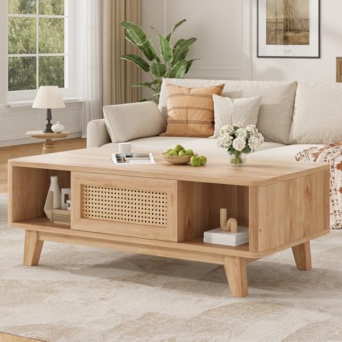 Coffee Table, Mid Century Living Room Tables with Storage, Modern Square with Rattan Drawer, Wooden Living Room Table with Solid Wood Leg - color: Natural