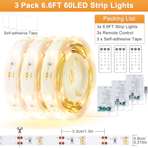 3 Pack 6.6FT LED Strip Lights Battery Powered, Warm White and Cold White LED Light Strip Battery Powered, Flexible and Cuttable Cabinet Light, LED Strip Light with Remote for Shelves Closet Kitchen - size: 6.6FT