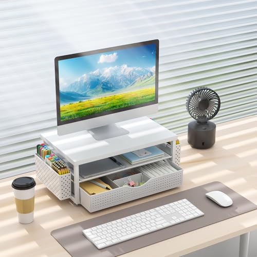 gianotter Desk Organizers and Accessories, Monitor Stand with Drawer and 2 Pen Holder, Desktop Organizer Suitable for Offices and Dormitories (White-Plain) - color: White-Plain