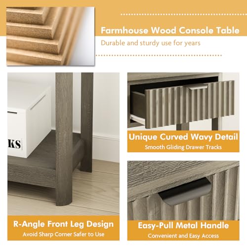RUSTOWN Fluted Wood Console Table with 3 Drawers, 47.2" Boho Entryway Table | Narrow Behind Couch Sofa Table, Open Storage Shelf, Curved legs, 2 Tier Modern Farmhouse Hallway Table for Living Room, Foyer - color: Washed Oak