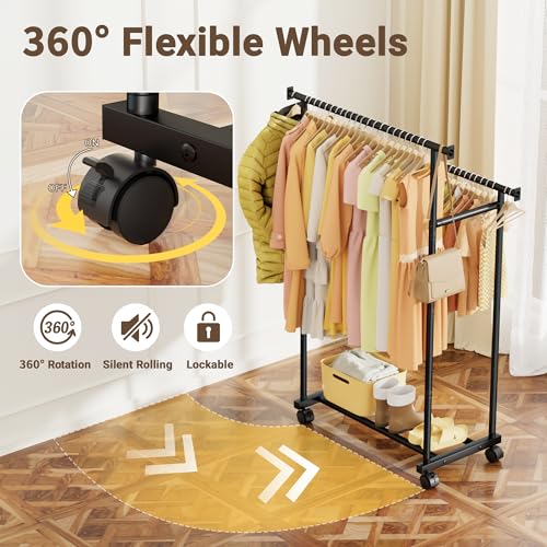 Double Rods Clothes Rack with Wheels, Garment Racks for Hanging Clothes, Multifunctional Metal Clothing Racks, Portable Wardrobe Rack for Clothing Organizers and Storage, Black