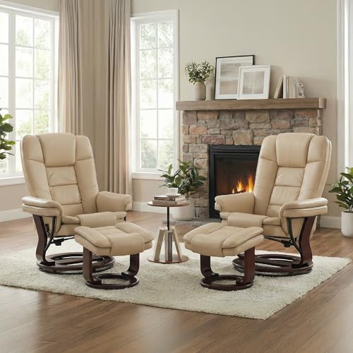 Swivel Recliner Chair with Ottoman Reclining Lounge Sofa Footrest, Set of 2 | 360°Sturdy Wood Base, Soft Faux Leather, Upholstered Ultra-Plush Foam, Modern Armchair, Living Room Bedroom Office Reading - color: Beige, size: Set of 2
