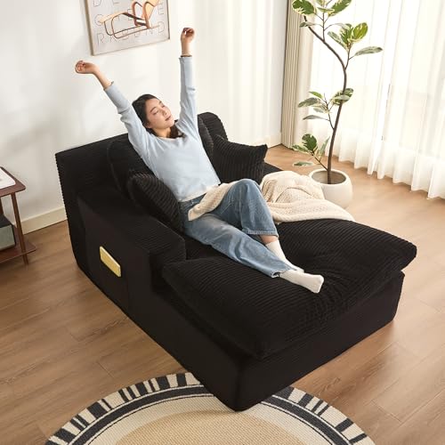 63" Chaise Lounge Chair Indoor, Set of Convertible Sleeper Sofa Couch with Throw Pillows & Side Pockets, Corduroy Upholstered Oversized Sofa Bed with Armrests for Living Room Bedroom, Black
