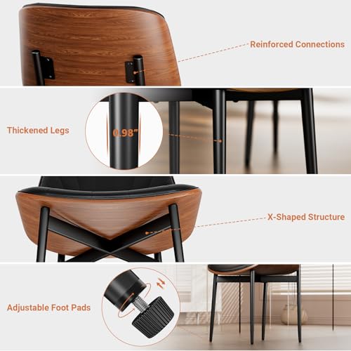 YaFiti Mid Century Dining Chairs Set of 2 with Walnut Bentwood, Black | Ergonomic Walnut Backrest, Upholstered Waterproof PU Leather Seat, Stable Metal Legs, Adjustable Footpads, Apartment Friendly - color: Black Scallop