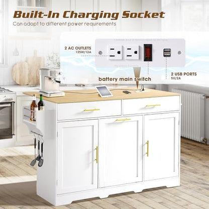 60" Kitchen Island with Power Outlet, Drop Leaf, Trash Can Storage | Rolling Kitchen Island Table Cart Cabinet with Drawer, Mobile Kitchen Cabinet on Wheels w/Spice Rack, Towel Bar, Hooks - color: White, size: 60"