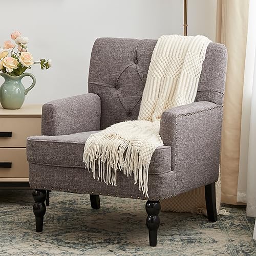 HUIMO Accent Chair, Tufted Upholstered Club Chair, Grey | Tufted upholstered club chair with lumbar pillow and solid wood legs. Suitable for living rooms, bedrooms, and reading nooks. - color: Grey