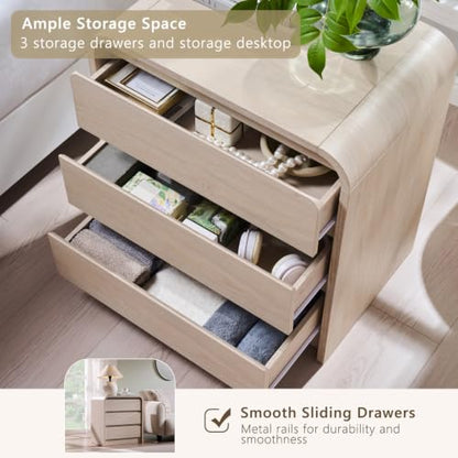 Aitjunz 25" Tall Modern Nightstand with Charging Station, 3 Drawers, Cream | 23.6'' Wide Wood Bedside Table with Curved Profile Design, Large Mid Century End Table for Living Room, Bedroom - color: Cream