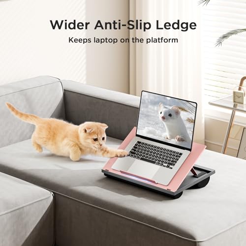 HUANUO Adjustable Lap Desk - with 8 Adjustable Angles & Dual Cushions Laptop Stand for Car Laptop Desk, Work Table, Lap Writing Board & Drawing Desk on Sofa or Bed, Pink | Dual-cushion base, carry handle, 30% thicker for durability, wider anti-slip ledge,